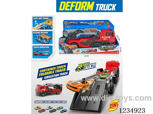 Light and music launchable folding cargo truck with 2 alloy cars (including 3*AG13)