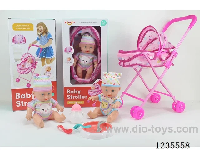 Two mixed 9-inch dolls Doll stroller set (doll + baby bottle + plate + knife + fork + soup spoon) with 4-sound IC (batteries included)