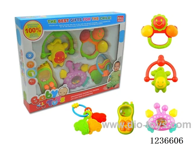 5PCS rattles (monkey, flower basket, mobile phone, crab, car ring)