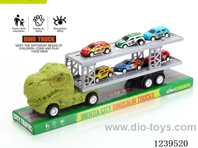 Double Decker Inertia Dinosaur Tractor with 6 Metal Vehicles Inertia Dinosaur
