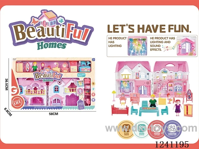 Villa set (with light/doorbell dog sound-2*AA not included, colourful chandelier includes 3*AG13)