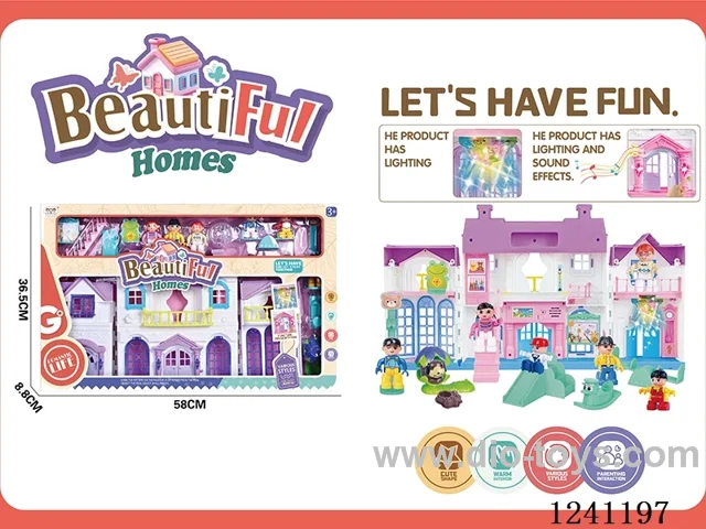 Villa set (with light/doorbell dog sound-2*AA not included, colourful chandelier includes 3*AG13)