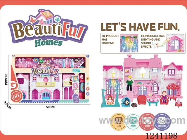 Villa set (with light/doorbell dog sound-2*AA not included, colourful chandelier includes 3*AG13)