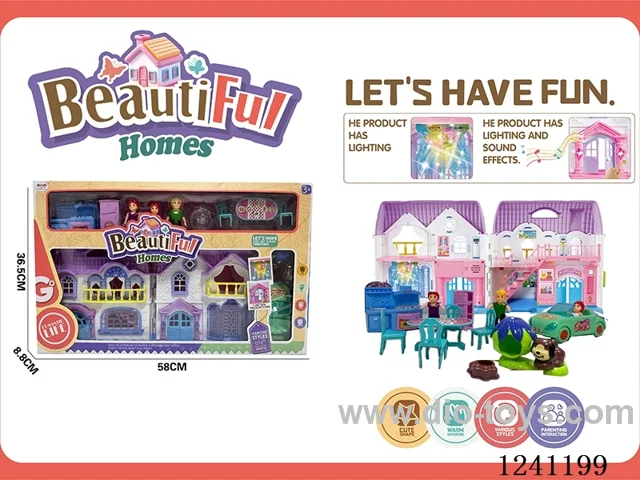 Villa set (with light/doorbell dog sound-2*AA not included, colourful chandelier includes 3*AG13)