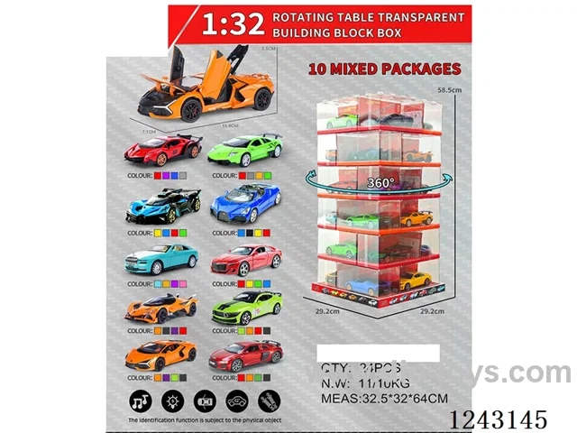 1:32 pull back alloy car W L/M -Rotating Table Transparent Building Block Box (10 Mixed)