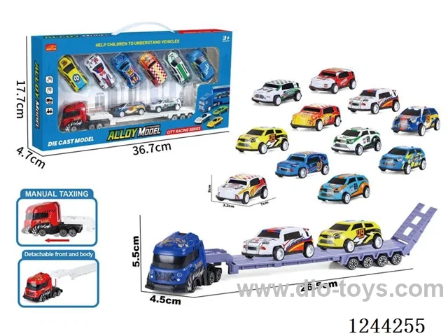 Alloy trailer single-decker sliding container car (with 8PCS alloy pull back car) style random colour red and blue mixed