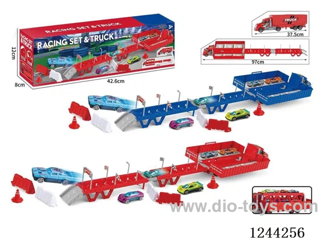 Container car storage deformation ejector with (3PCS ABS car + 15 road signs barricades + 1 sheet of DIY stickers)