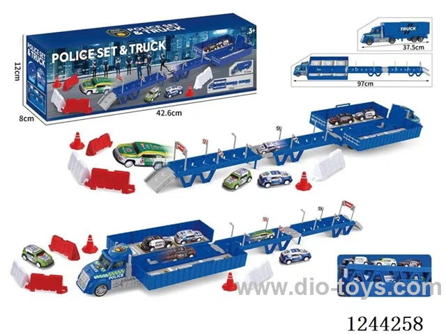 cargo car police scene storage ejection (with 3PCS metal pull back car +15 road signs barricades +1 DIY stickers)