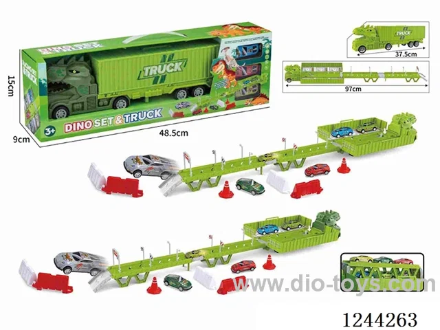 Dinosaur container truck car park scene (with 3PCS metal pull back car + 15 road signs barricades + 1 DIY stickers) )