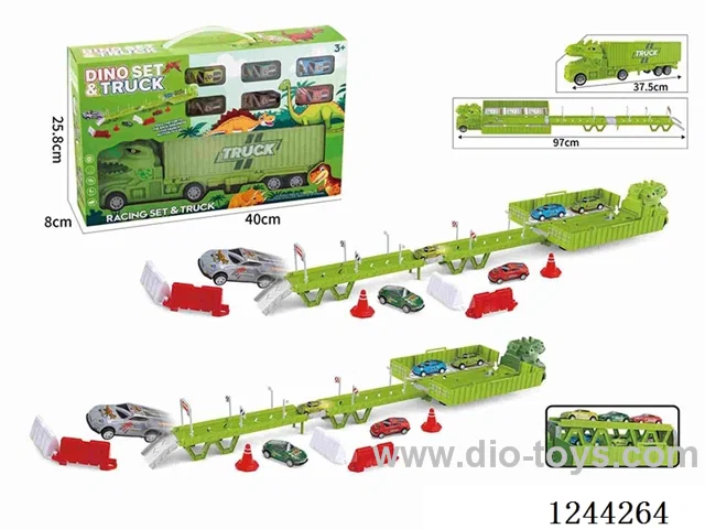 Dinosaur Container Car Park Scene (with 6PCS metal pull back car + 15 road signs and barricades + 1 DIY sticker)