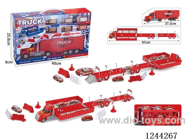 Container Car Fire Scene Storage and Ejection (with 6PCS Metal pull back car + 15 road signs and barricades + 1 DIY stickers)