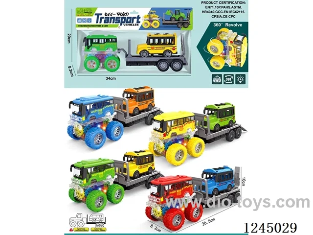 colourful/ 4WD/ dual inertia stunt bus car + pull back School Bus