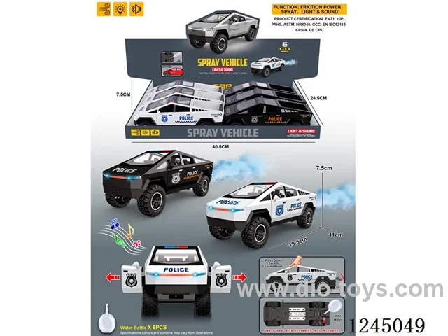 inertia/lights/music/openable door/spray/police car (+water bottle) 6PCS not included battery