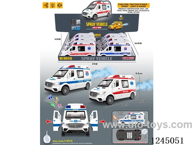inertia/lights/music/openable door/spray/police car/first aid car (+water bottle) 6PCS not included battery