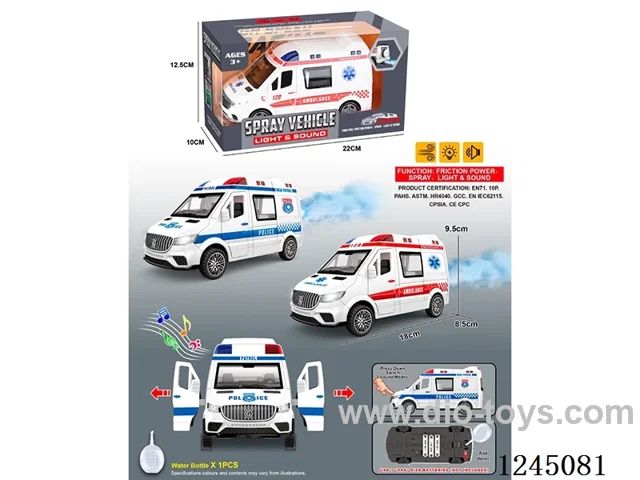 Inertia/lights/music/openable door/spray car (+ water bottle) Inclusive battery