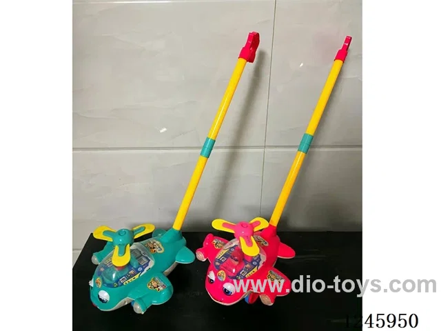 Push-along aeroplane with non-slip wheels/lights (batteries included) - thick handle, two-section pole
