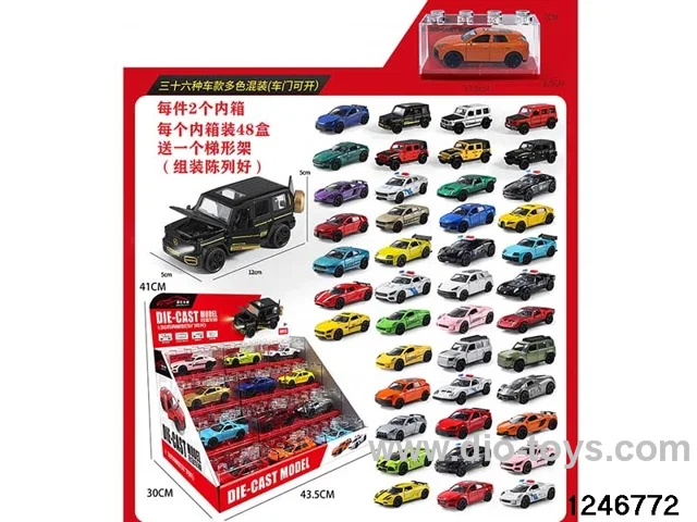 1:36 pull back metal car with light and music with 1pcs Trapezoidal Shelf(38 style multiple color car random mix)