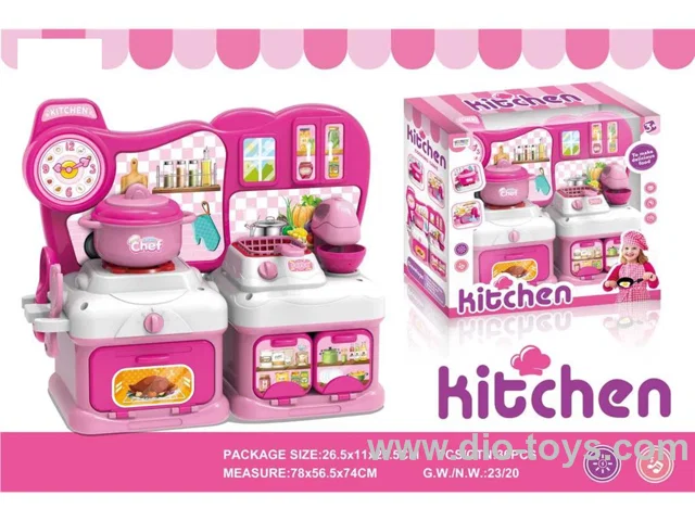 Pink cartoon puzzle kitchen and kitchenware combination in colour box