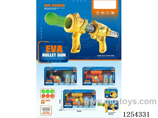 Spring-loaded double-handed air gun with 9 EVA balls and 2 dart targets, assorted colours