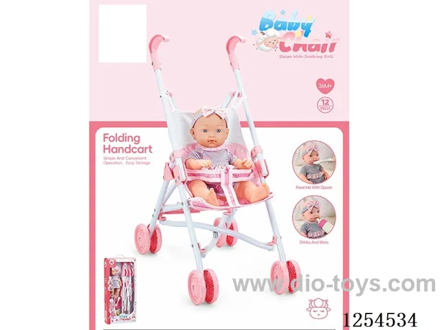12 inch doll + stroller ( vinyl head hands and feet / body blowing)