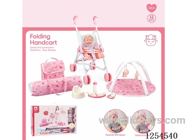 12 inch doll + stroller + carpet + bag ( vinyl head hands and feet / body blowing)