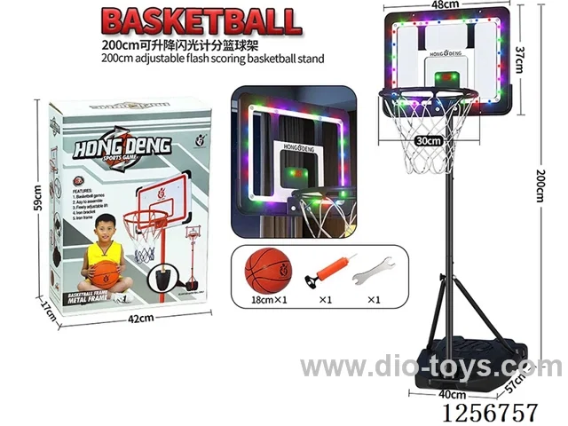 2m Black Acrylic Flashing Lights + Scoreboard Adjustable Height Wheeled Triangular Base Iron Ring Iron Pole Basketball Hoop (30cm Rim Diameter)