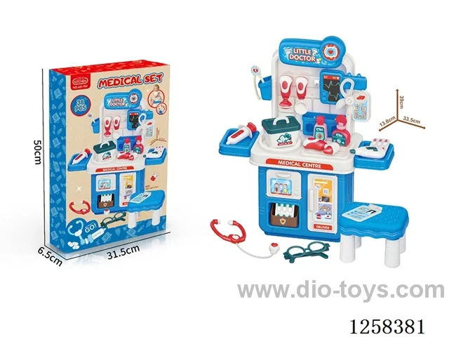 Medical equipment dispensing table with chairs