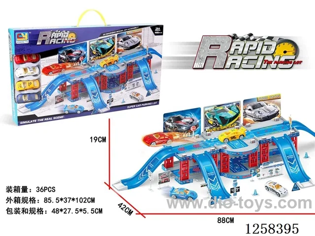 Plastic racing car parking lot (GCC) with 4 plastic cars