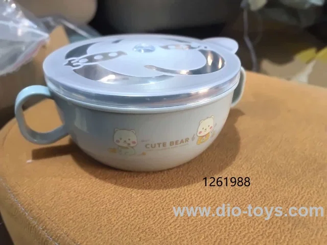 Stainless steel children's bowl with cartoon design, double handles, lid, and spoon in opp bag