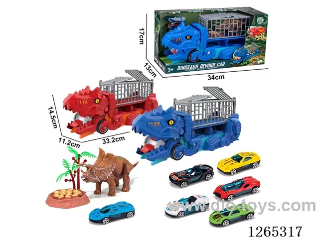 Dinosaur swallowing transportation vehicle with 3 alloy free wheel cars set