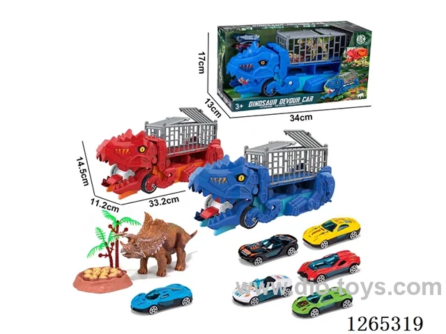 Dinosaur swallowing transportation vehicle with 3 alloy free wheel cars set