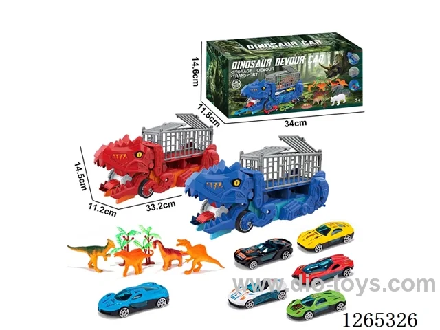 Dinosaur swallowing transportation vehicle with 3 alloy free wheel cars set