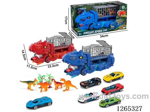 Dinosaur swallowing transportation vehicle with 3 alloy free wheel cars set