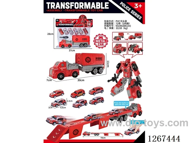 Transforming Robot Catapult Rail Container Truck + 6 pull back alloy cars