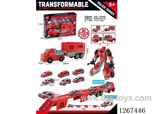 Transforming Robot Catapult Rail Container Truck + 6 pull back alloy cars
