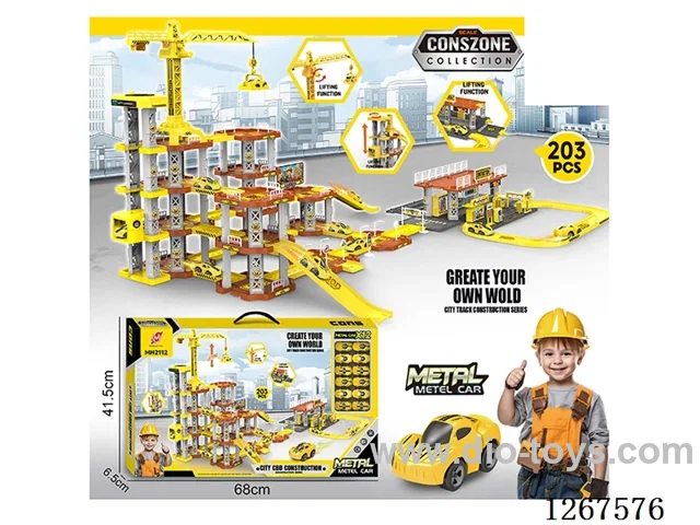 Crane Tower Launch Pad + Container Racing Gas Station Launch Pad Alloy Track (203PCS) with 12 Small Cars