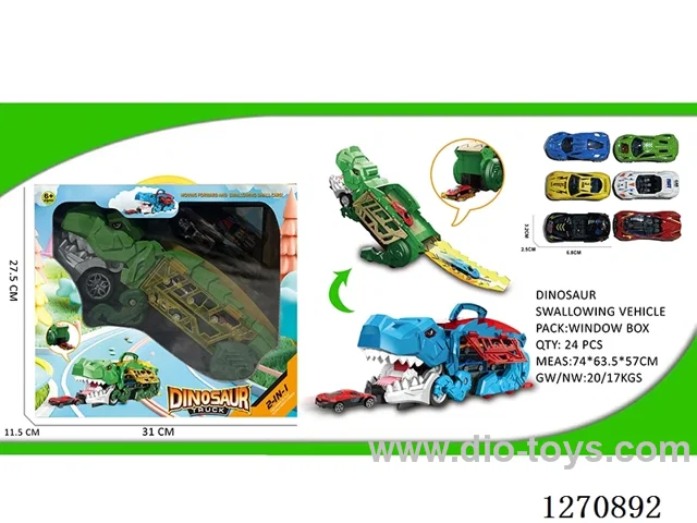 Large Dinosaur Swallowing Car with 6 Die-Cast Cars