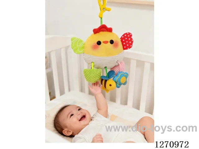 pull toy, stuffed with cotton, equipped with fun mirror, bell rattle and teether