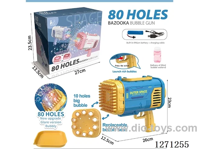 80-Hole Blue/Yellow Space Bubble Gun + Replaceable Large Bubble Head (Battery Included)