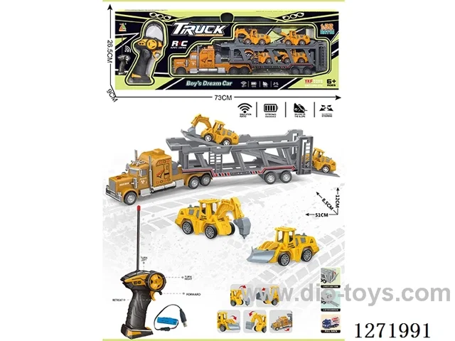 RC Double-Deck Construction Trailer + 4 pull back Construction Vehicles (Battery Included)