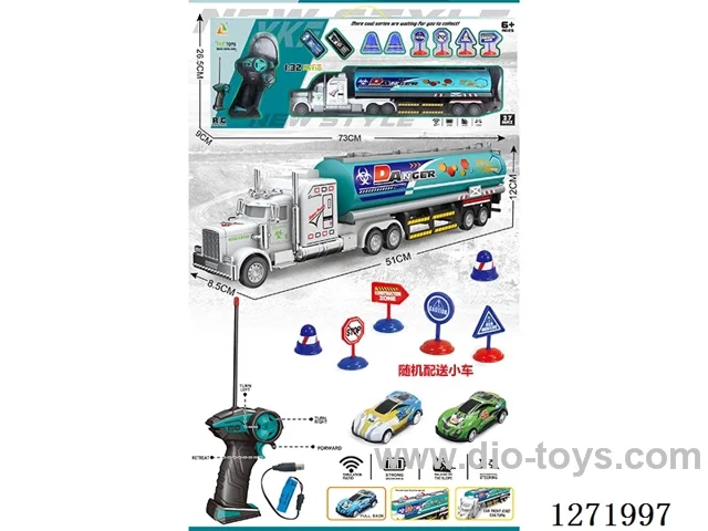 RC Large Fuel Tanker Tractor + 2 Pull-Back Cars + 6 Road Signs (Battery Included)