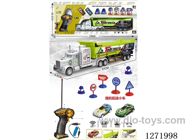 RC Large Dump Truck Tractor + 2 Pull-Back Cars + 6 Road Signs (Battery Included)