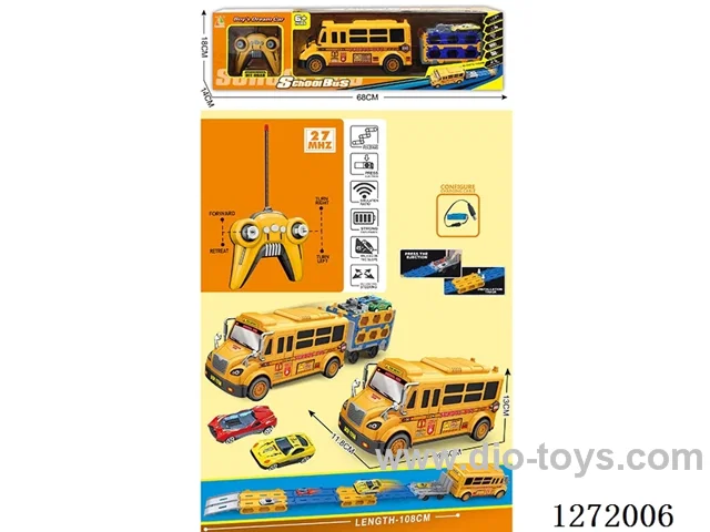 RC School Bus with Dual-Track Launching Folding Ramp + 2 Die-Cast Cars (Battery Included)
