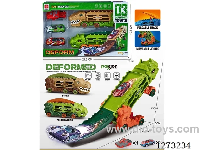 Transforming Dinosaur Storage Track Set + 2 Metal Cars + 1 Launcher