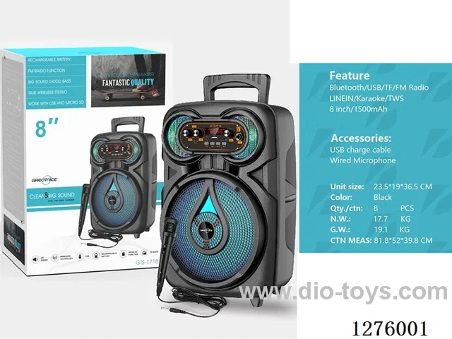 Audio - Single 8-inch speaker, charging cable, wired microphone