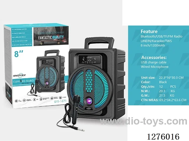 Audio - Single 8-inch speaker, charging cable, wired microphone