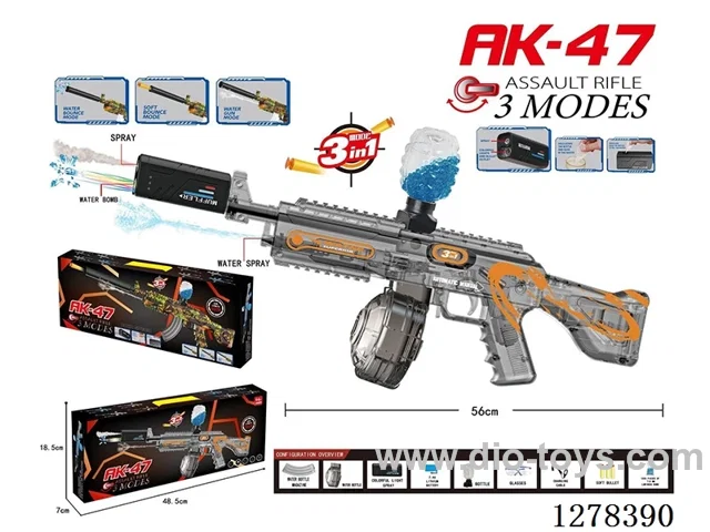 AK-47 Three-Mode Gun (Soft Bullets, Water Bullets, Water Gun) included battery