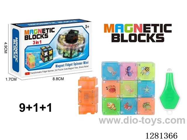Solid-Color Glow-in-the-Dark Magnetic Spinner (4 Styles, 4 Colors) (Yellow + Green + Blue + Pink) 9 Magnetic Blocks + 1 Spinner + 1 Light