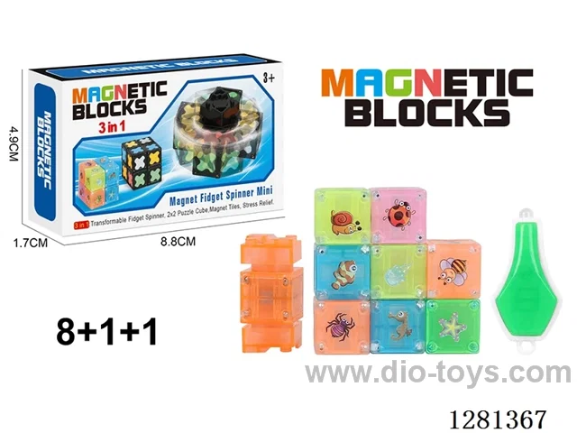 Solid-Color Glow-in-the-Dark Magnetic Spinner (4 Styles, 4 Colors) (Yellow + Green + Blue + Pink) 8 Magnetic Blocks + 1 Spinner + 1 Light