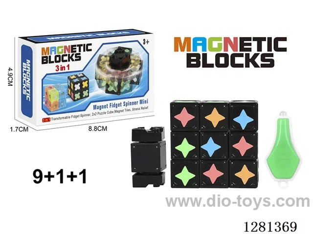Glow-in-the-Dark Magnetic Spinner (Pointed Corner Logo) (Round Magnets) 9 Magnetic Blocks + 1 Spinner + 1 Light